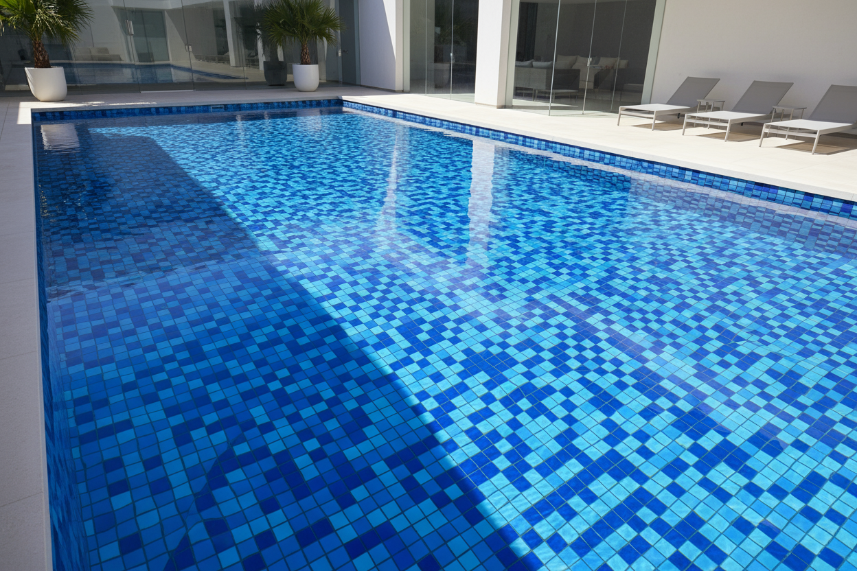 Piscina con mosaico multicolor royal turquesa celeste blanco