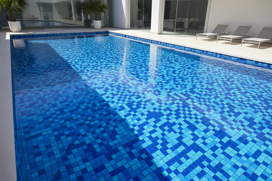 Piscina con mosaico multicolor royal turquesa celeste blanco