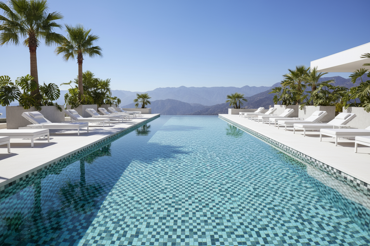 Piscina con mosaicos monocromáticos pequeños