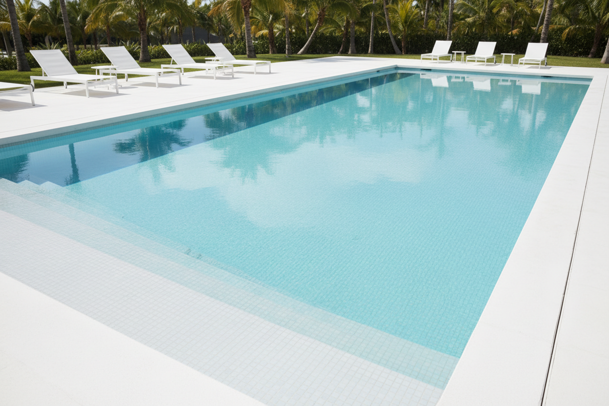 Piscina de lujo con mosaico blanco uniforme